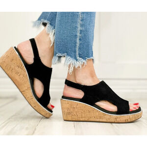 New Corkys Carley Black Corduroy Womens 6 Slingback Wedge Boho Y2K Casual